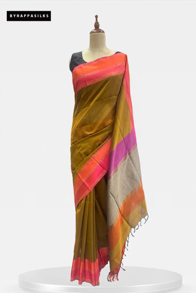 Maheshwari Cotton saree Mustard Olive QS294637