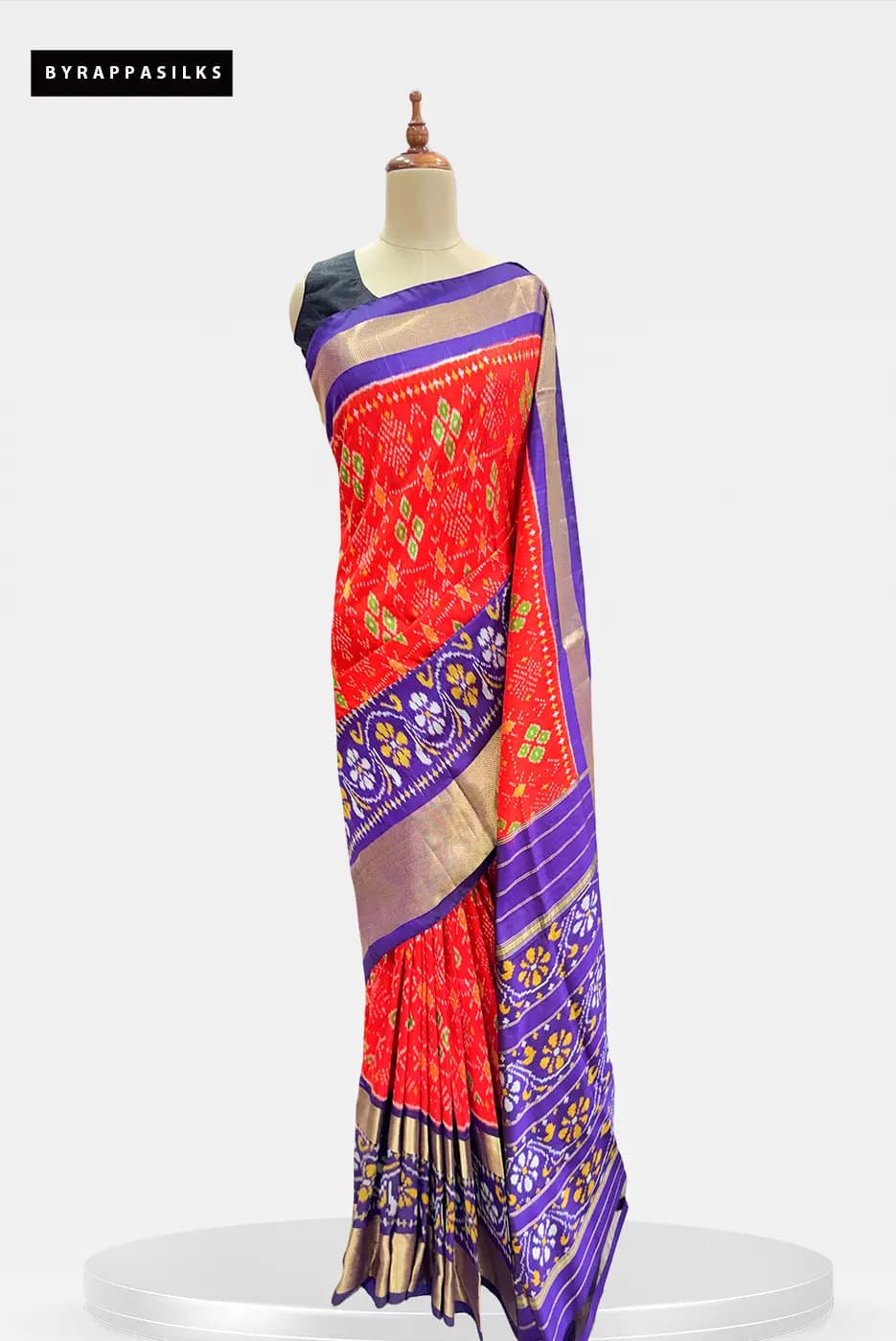 Pochampally Saree Redish Orange & Blue Border QS283993