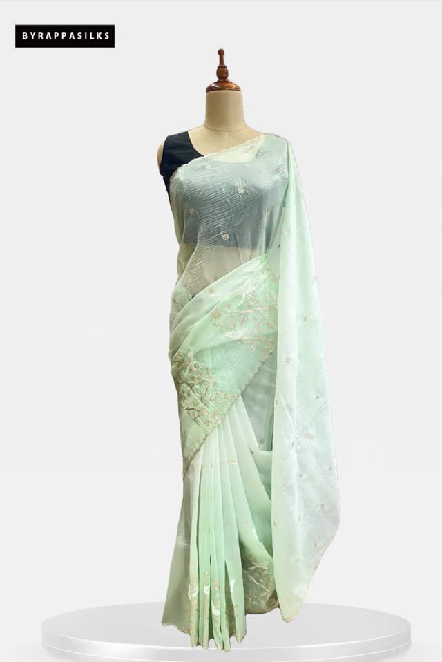 Crushed Organza Mint Green Saree Floral Bird Design QS292671