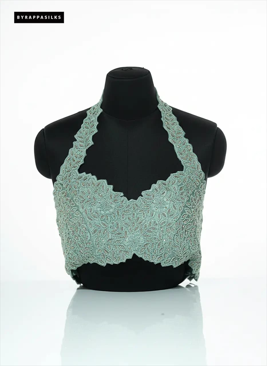 Mint Green Designer Halter Neck Blouse With Intricate Floral Embroidery QS290243