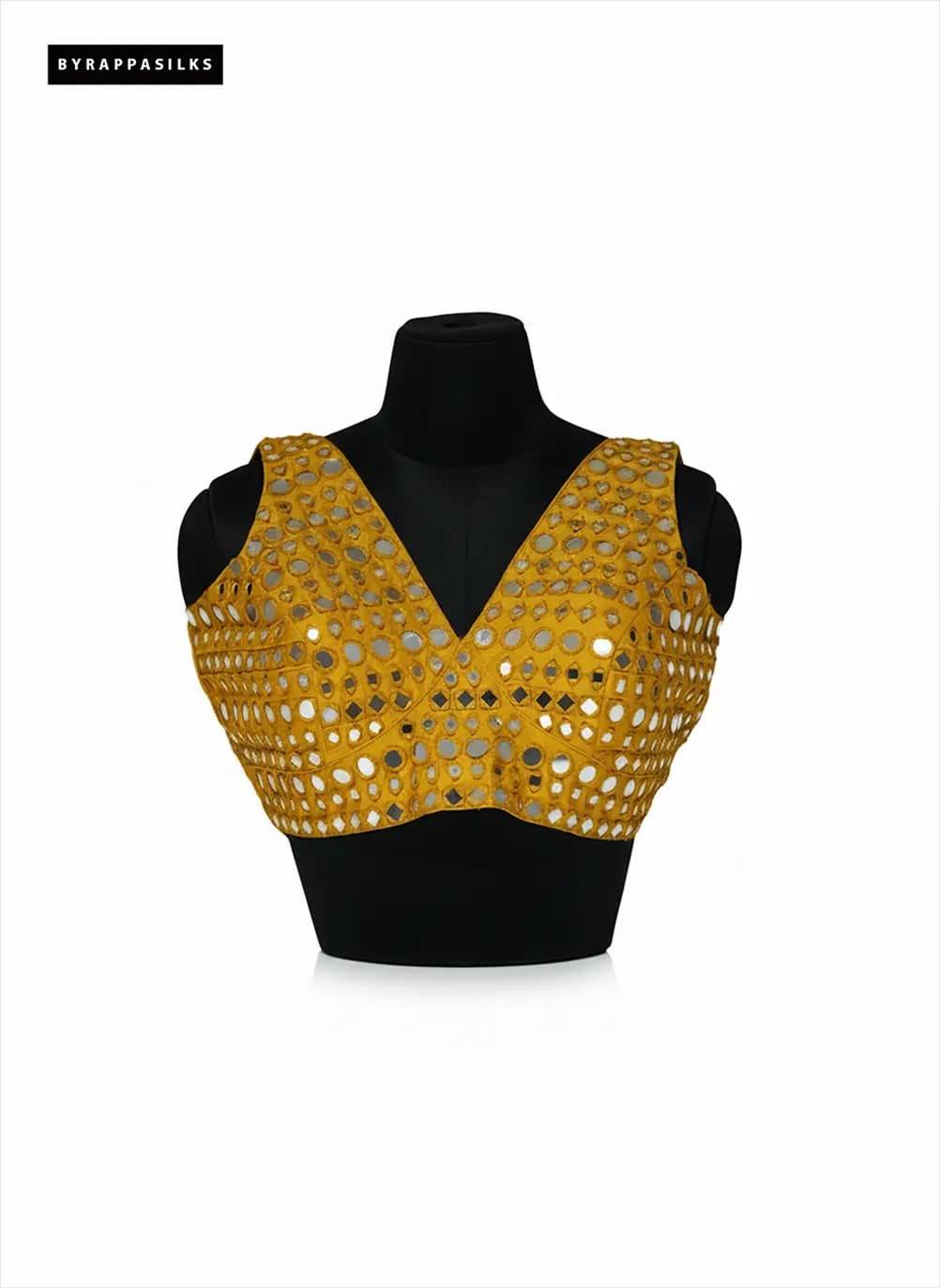 Mustard Yellow Hand-Embellished Mirror Work V-Neck Blouse QS290246