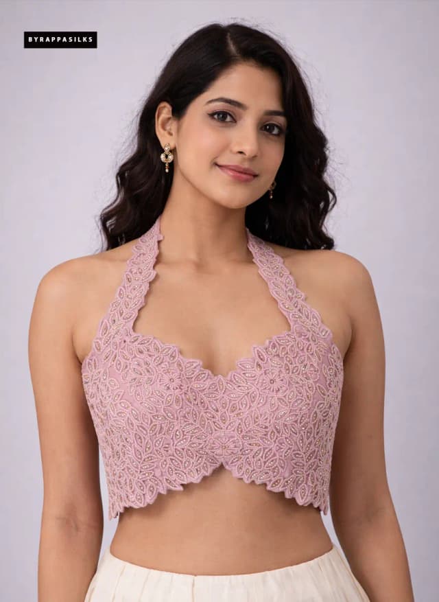 Ready Blouse Mauve Embroidered Halter Neck Designer Blouse With Scalloped Hem QS290244