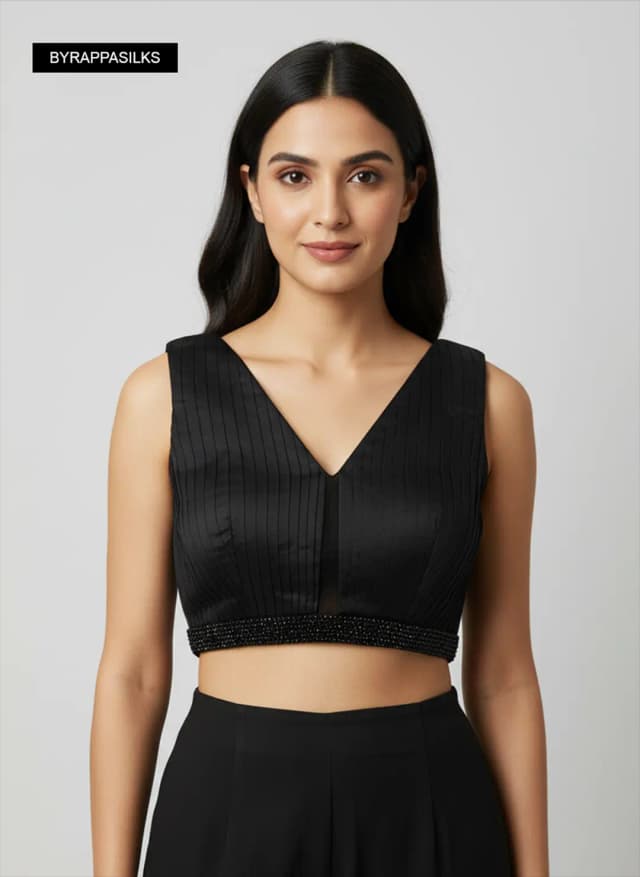 Ready Blouse Elegant Black Pleated Designer Blouse With Beaded Waistband QS290231