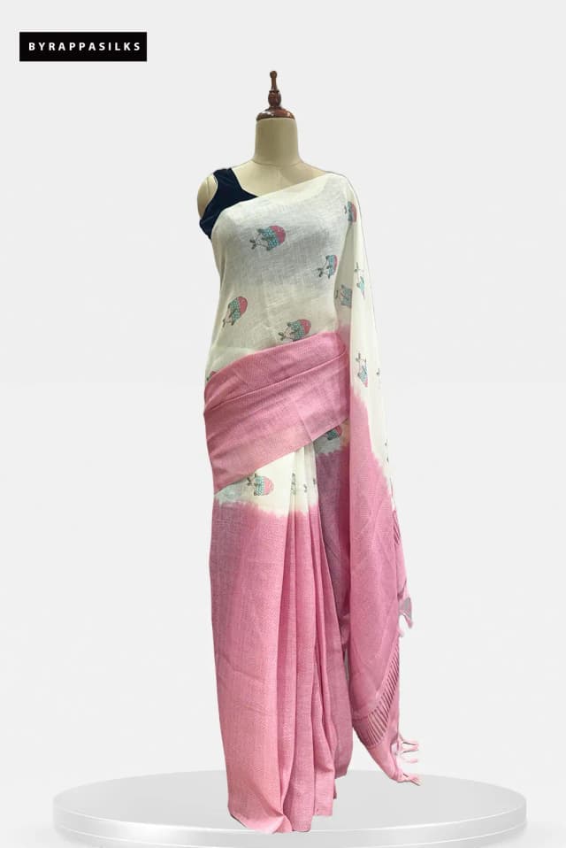 Daily Wear Linen Saree White & Pink QS303135