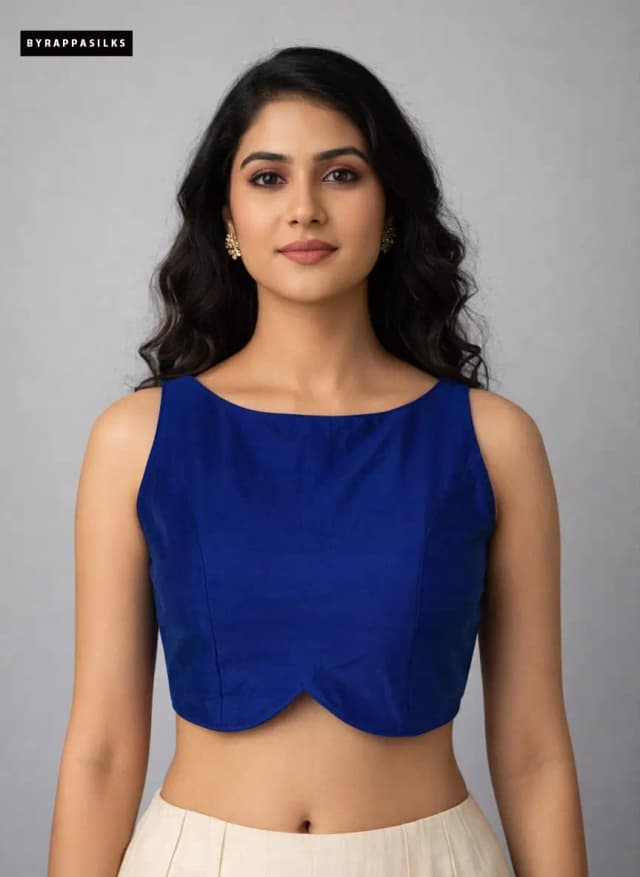 Ready Blouse Blue Sleeveless Deep Scoop Neck QS290161