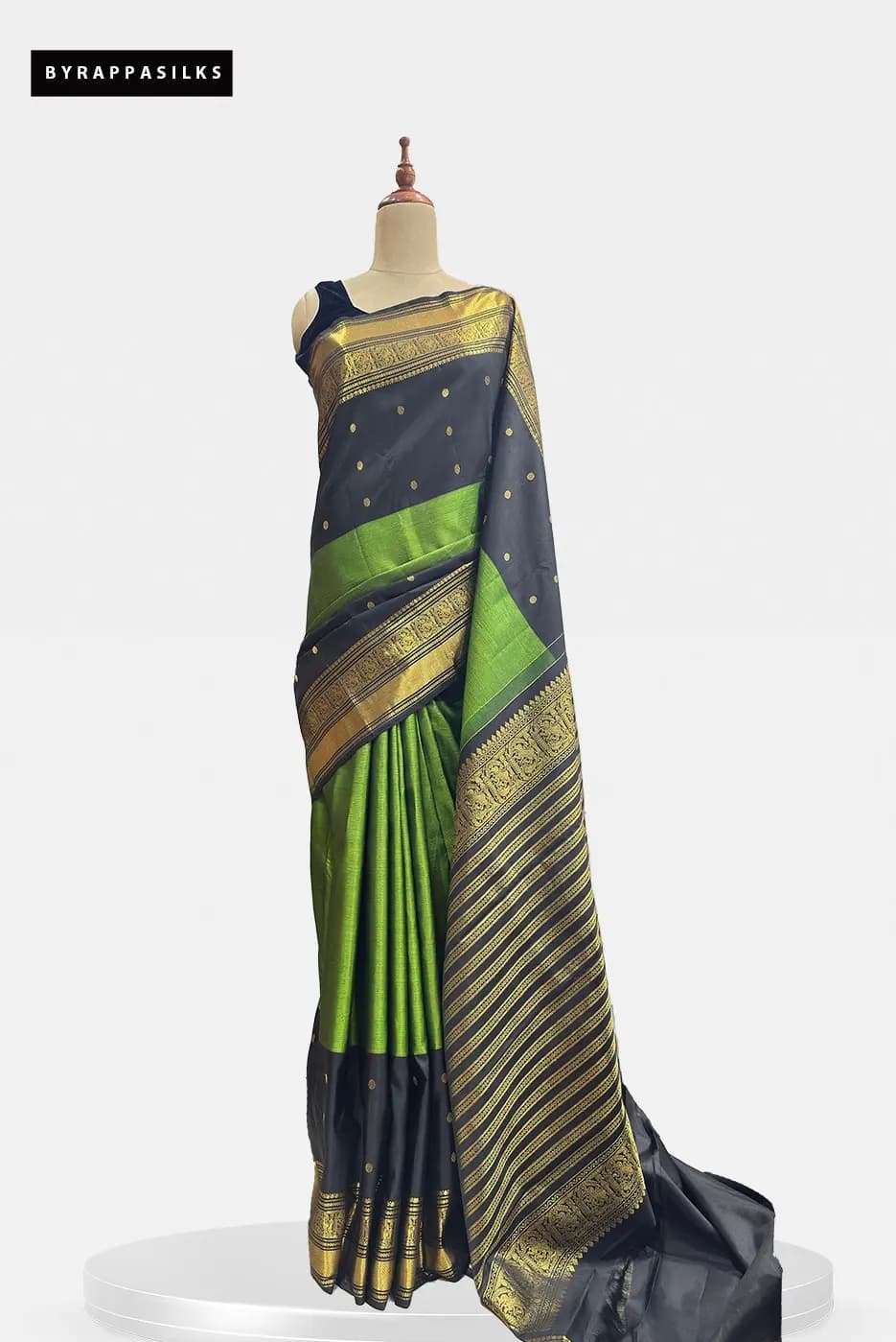 Pure Kanchipuram Black & Parrot Green with Gold Zari Border I200078