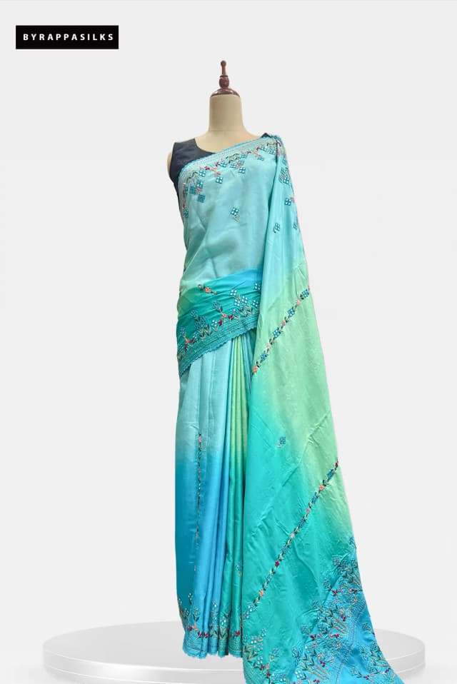 Pure Tussar Saree Seafoam Green & Turquoise Blue Ombre Mirror Work QS313934