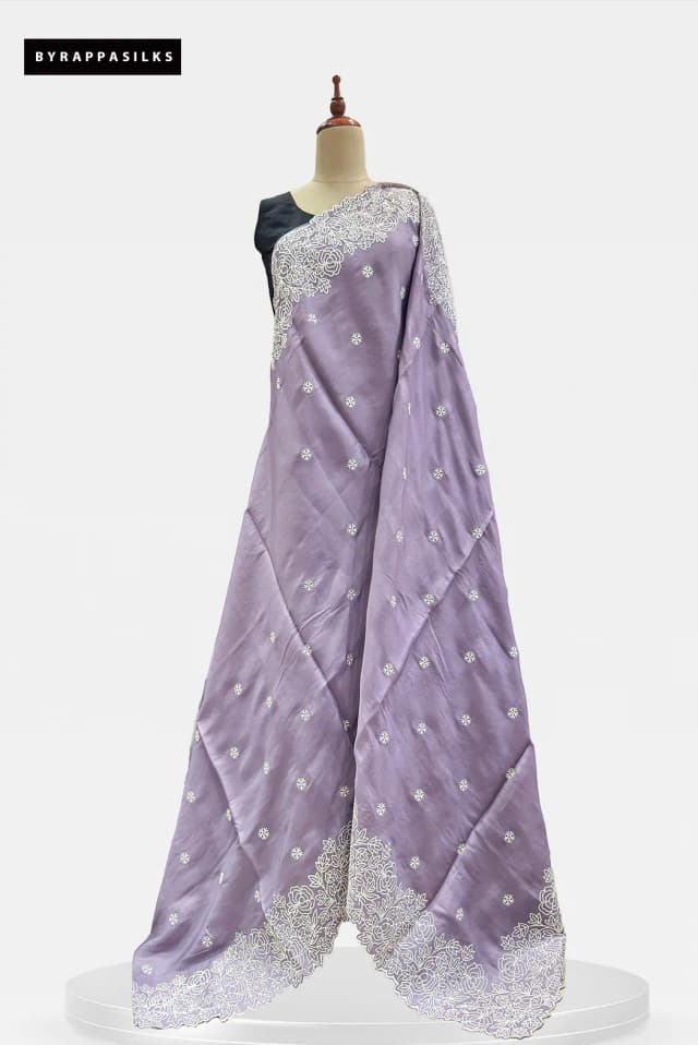 Semi Tussar Saree With White Floral Embroidery Lavender QS315303