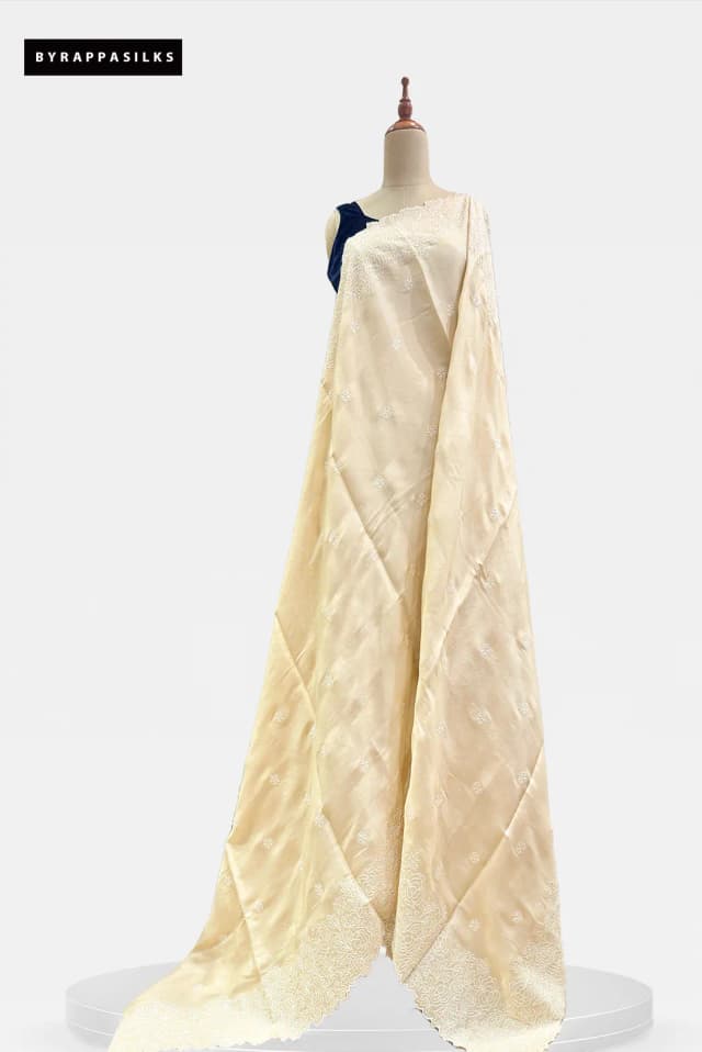 Semi Tussar Saree With White Floral Embroidery Beige QS315303