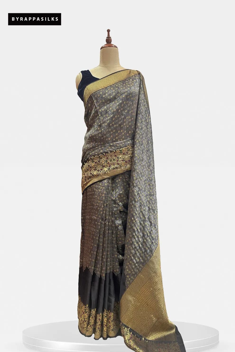 Banaras Tissue Saree Intricate Glod Zari Border Black QS318935