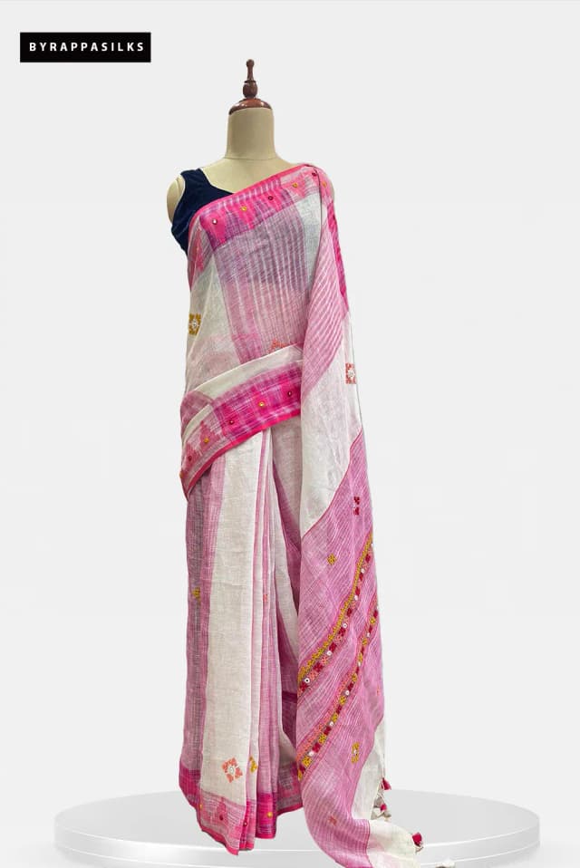 Linen Saree Delicate Embroidery With White & Pink  QS304656