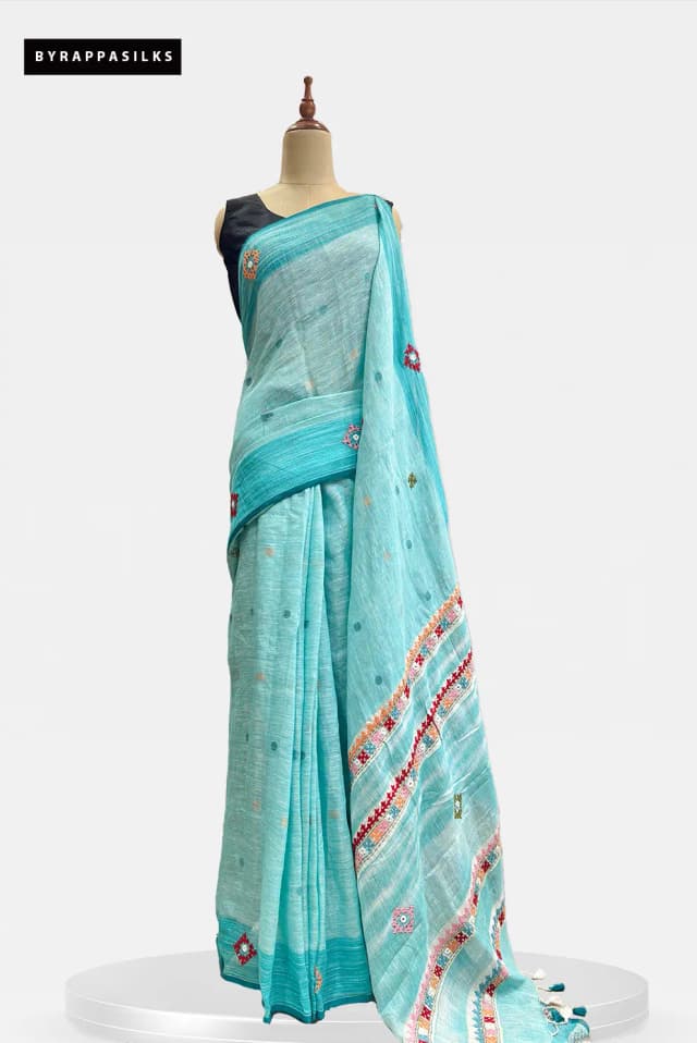 Linen Saree Delicate Embroidery With Sky Blue QS304656
