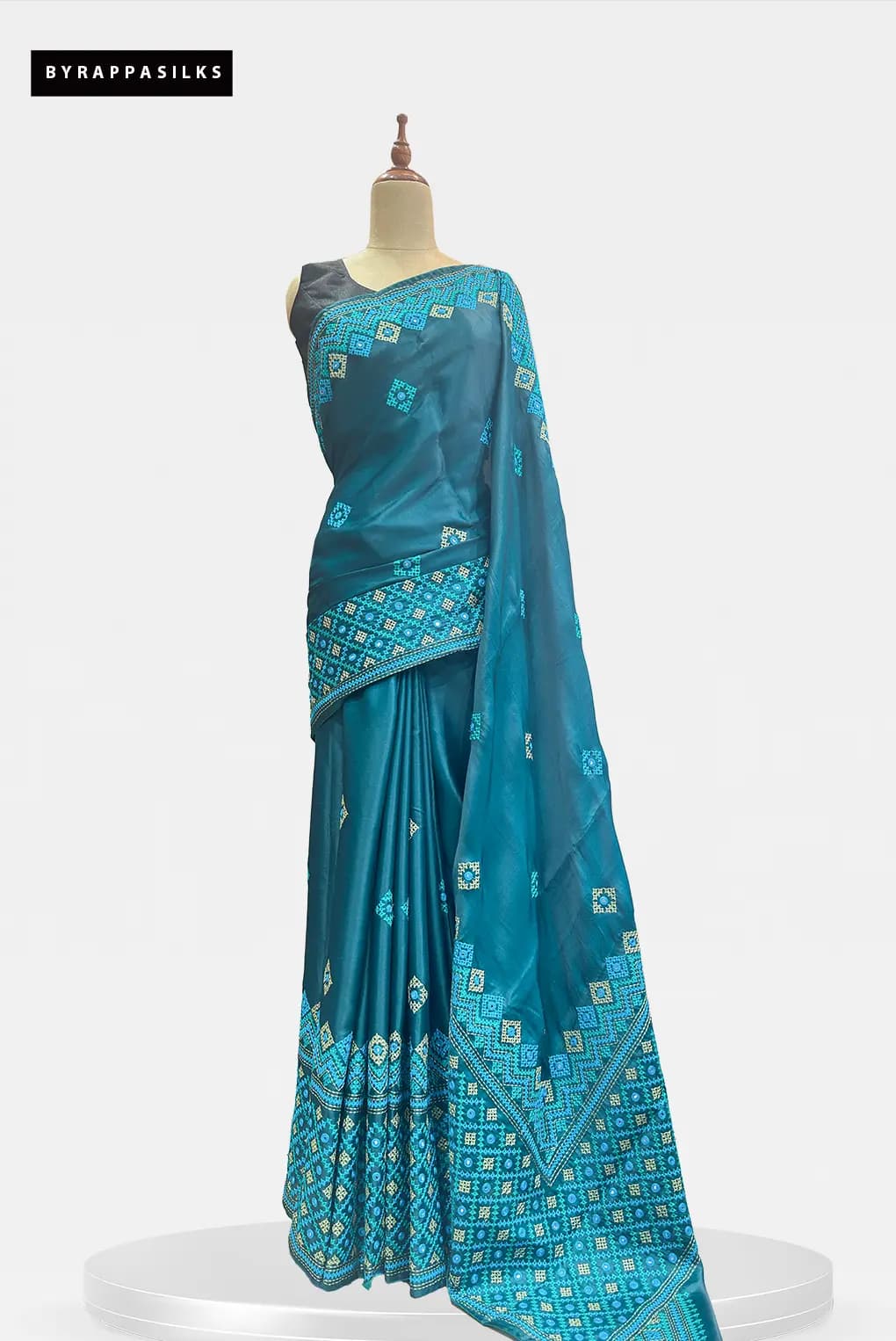 Semi Tussar Saree Kutch Work Border Teal Blue QS319198
