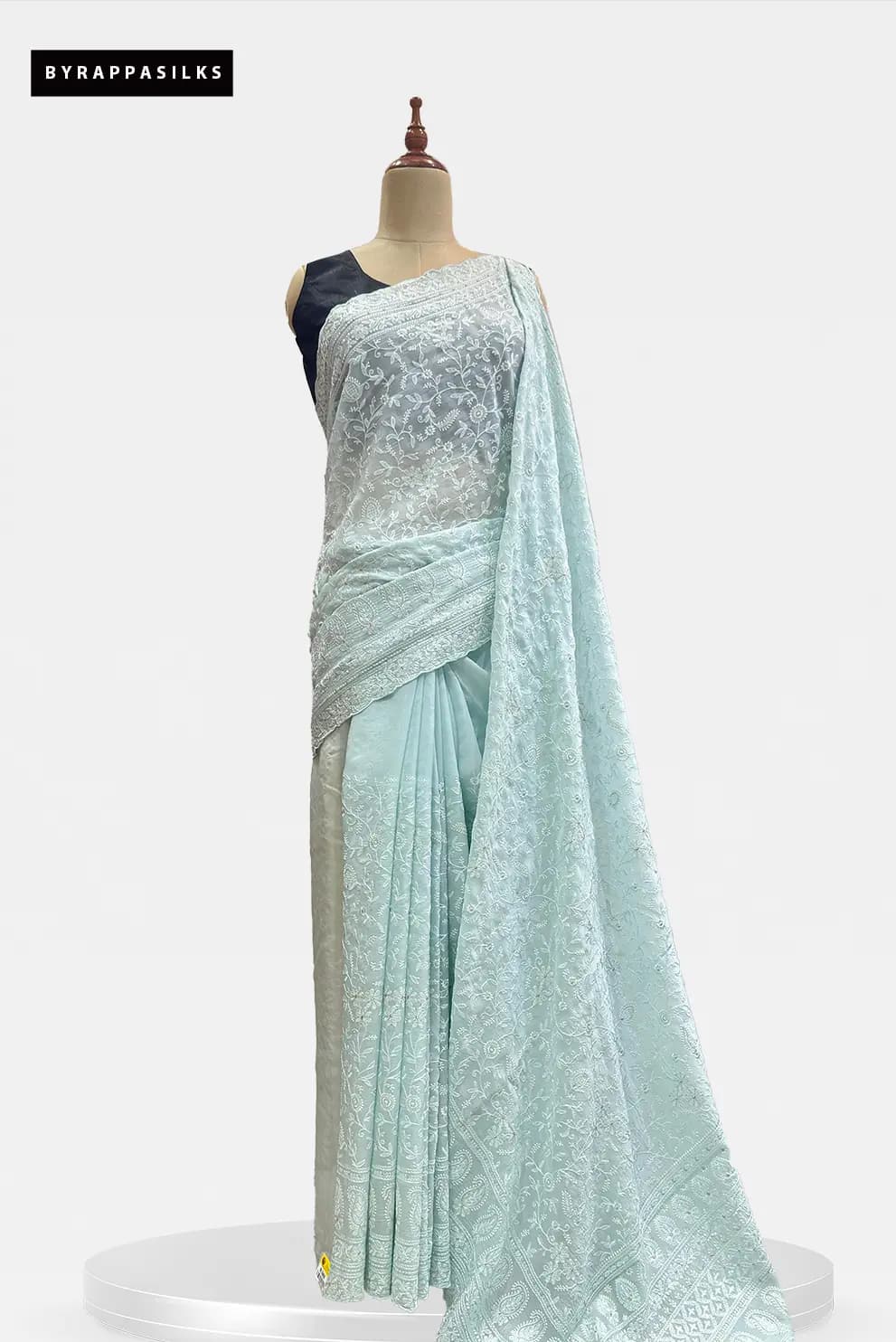 Pure Organza Chikankari Floral Embroidery Ice Blue