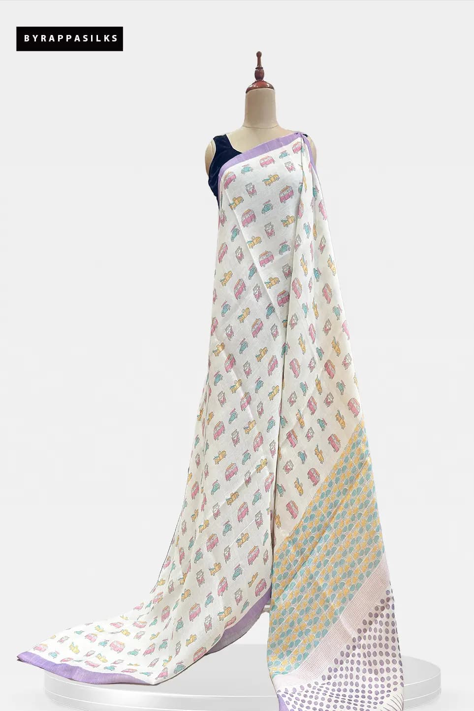 Linen Cotton Saree Quirky Car Print Off White QS311939