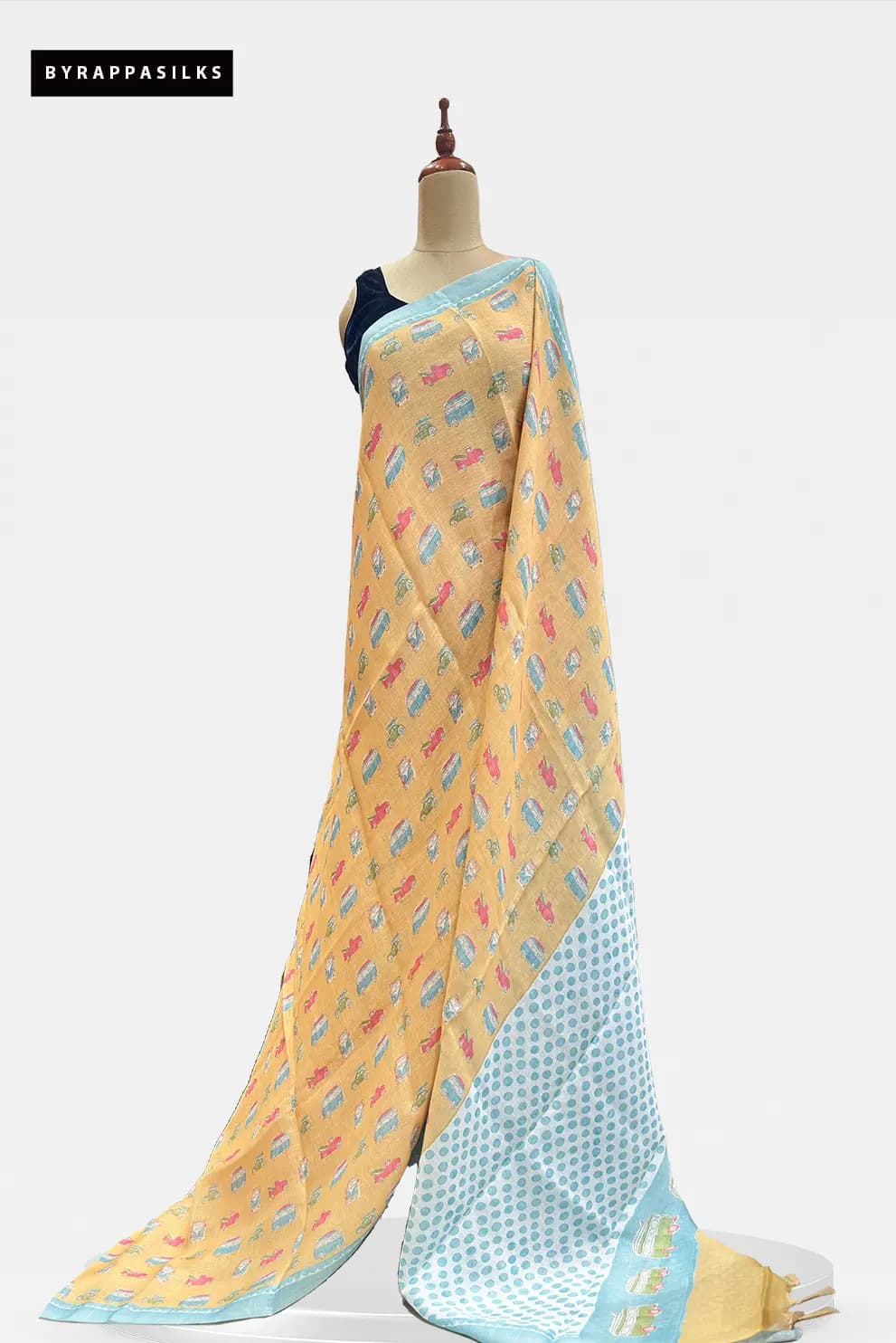 Linen Cotton Saree Quirky Car Print Mustard Yellow QS311939
