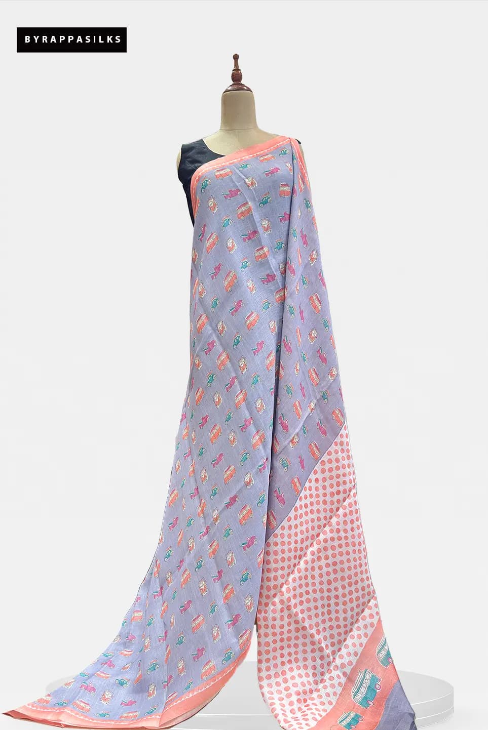 Linen Cotton Saree Quirky Car Print Lavender QS311939