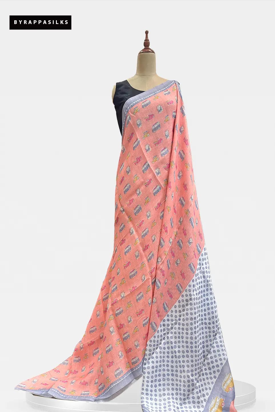 Linen Cotton Saree Quirky Car Print Peach QS311939