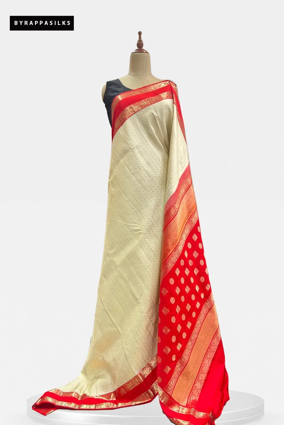 Kanchipuram Pure Silk Saree Cream & Red With Gold Zari WorkQW209250