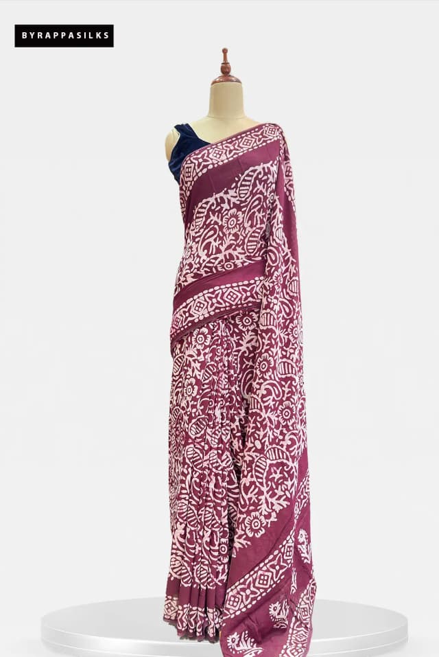 Mul Cotton Saree Block Batik Wine AA206575