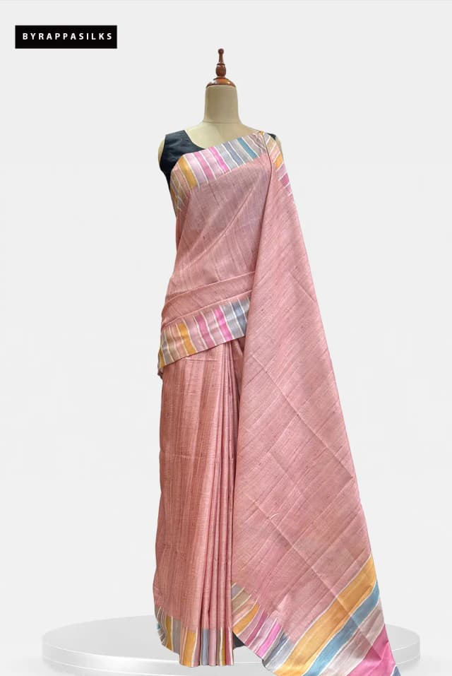 Semi Tussar Saree Peach Multi-Colour Striped Border AA206381
