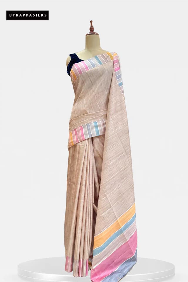 Semi Tussar Saree Beige Multi-Colour Striped Border AA206381