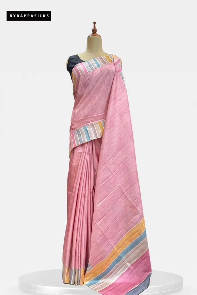 Semi Tussar Saree Candy Pink Multi-Colour Striped Border AA206381