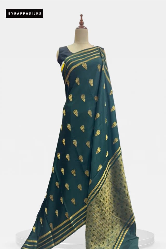 Pure Mysore Silk Saree Bottel Green Gandaberunda Motifs AA208560