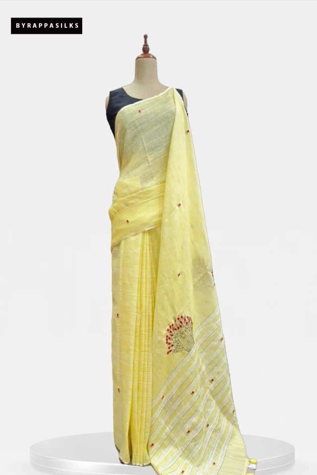 Pure Linen Saree Off-White & Lemon Yellow AA210459