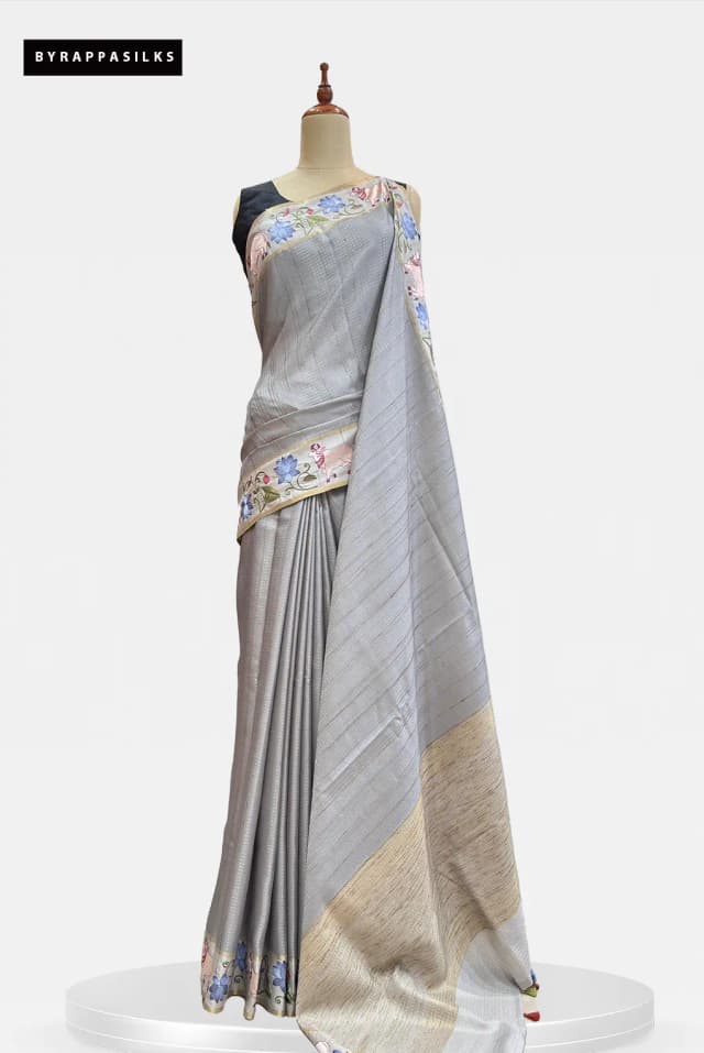 Semi Tussar Saree Silver Grey AA210684