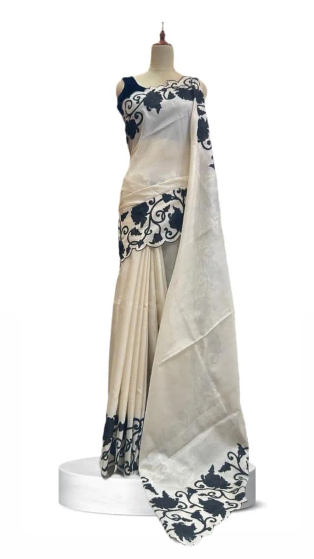 Kota Cotton Saree with Aplic work Elegant Being Organza Fabric with Black cut work floral Border AA211361