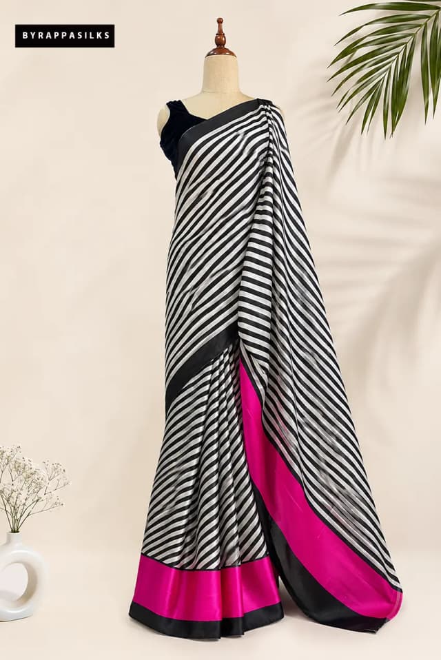 Handloom Satin Banaras Saree Black & White Stripped AA313918