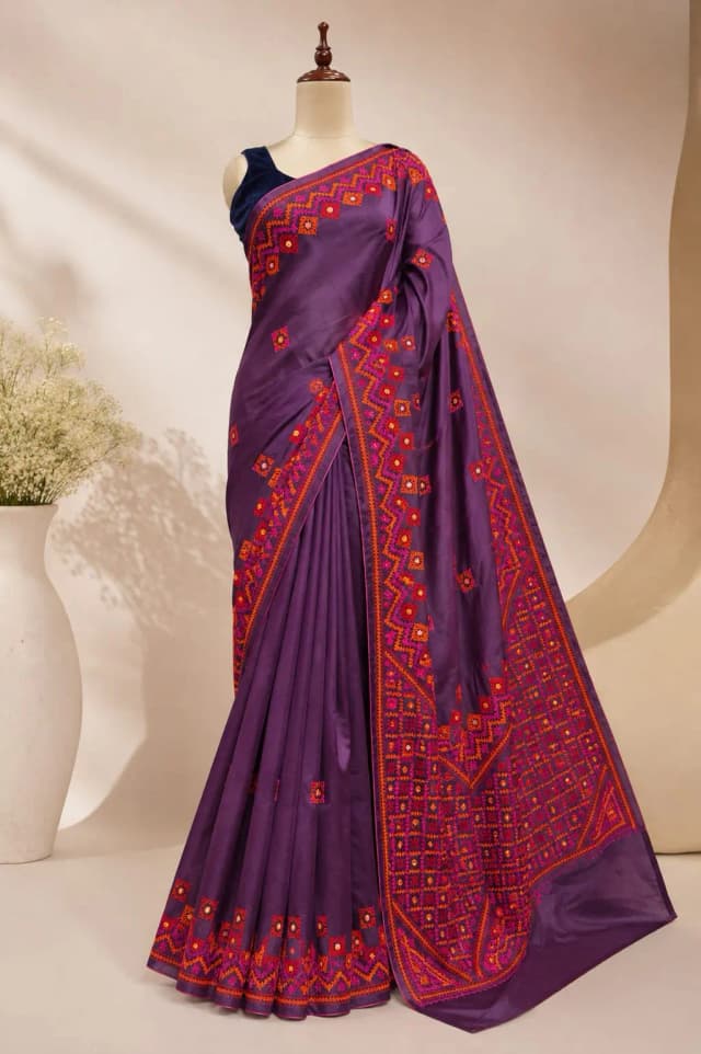 Semi Tussar Kutch Work Saree Wine Colour AA317701