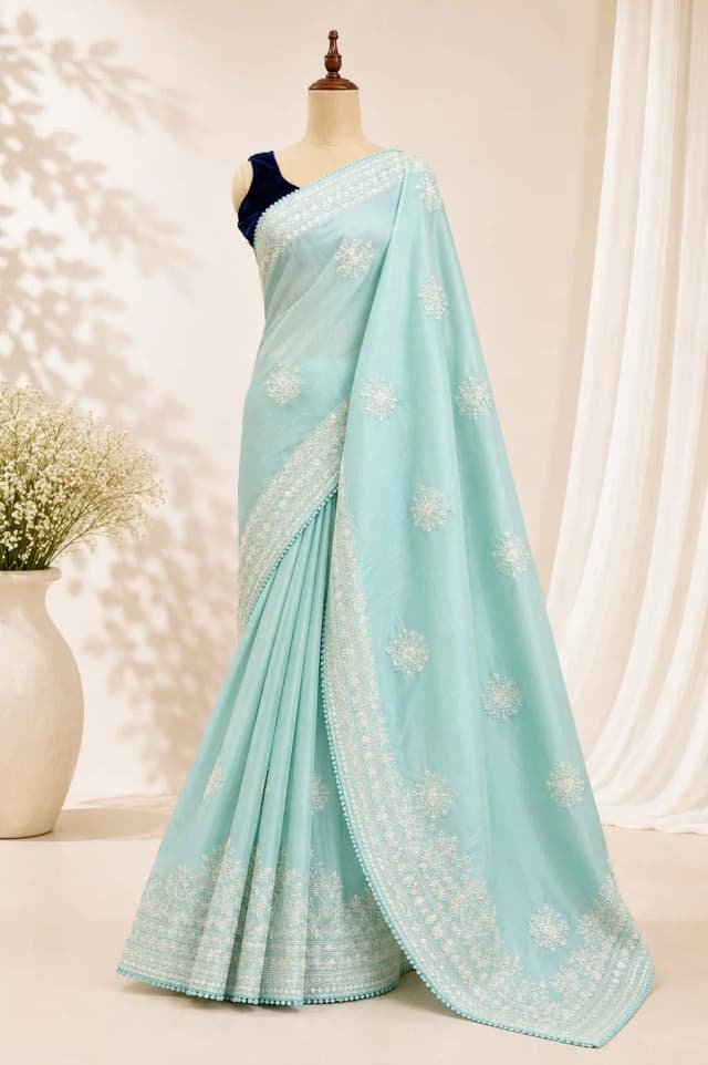 ChikanKari Work Saree Blue Colour AA317305