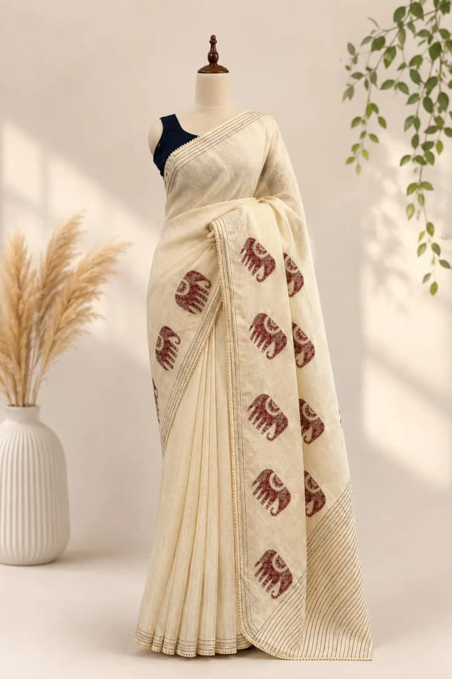 Semi Tussar Saree With Aplic Work Baige Colour  AA316479