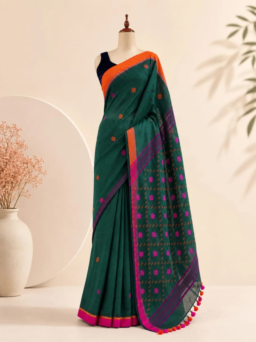 Pure Linen Saree Bottle Green With Orange Border AA315946