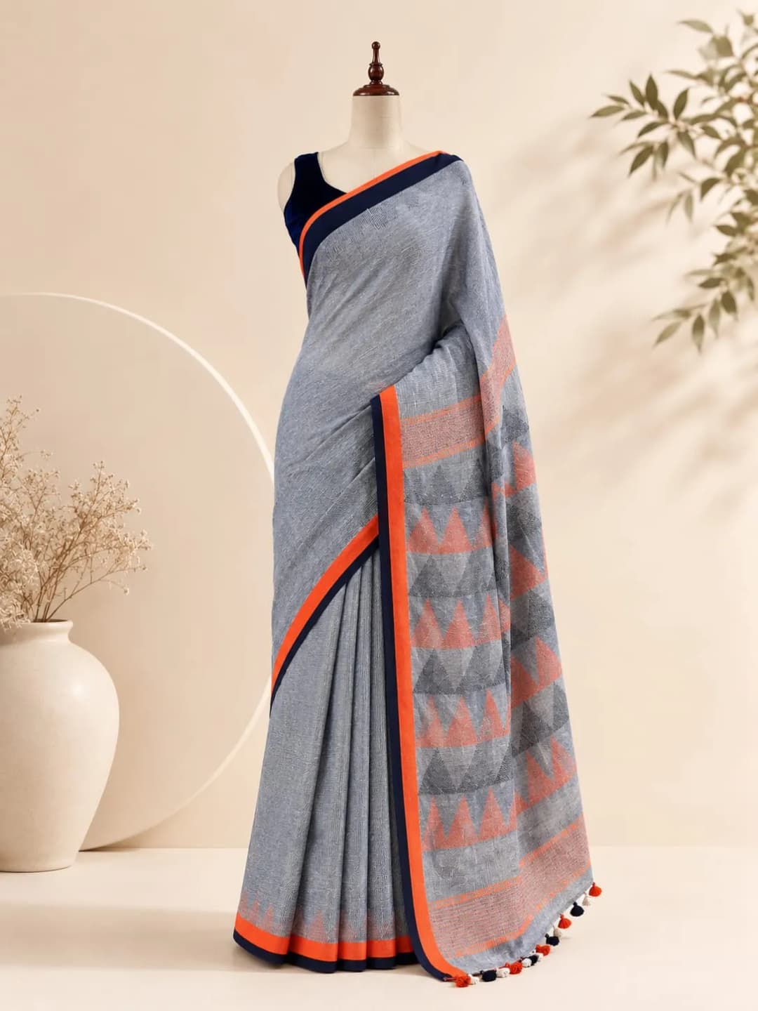 Pure Linen Saree Gray With Black & Orange Border Colour  AA315946