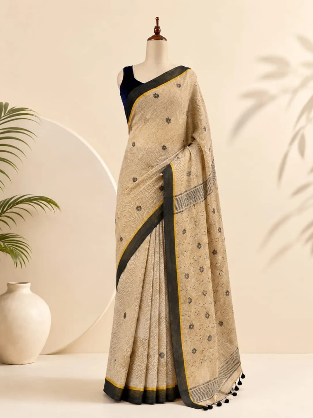 Pure Linen Saree Beige With Black  Border Colour AA315946
