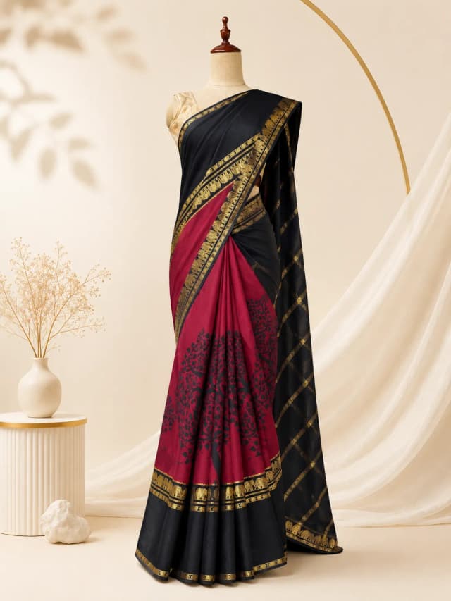 Pure Mysore Silk Crape Saree Black & Maroon AA317769
