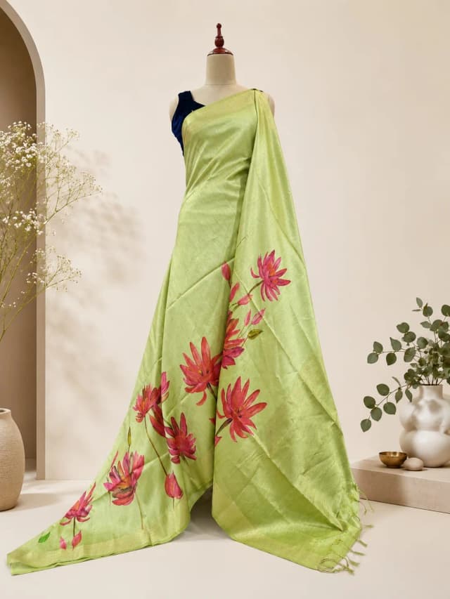 Semi Tussar Saree With Floral Print Pista Green Colour AA313412