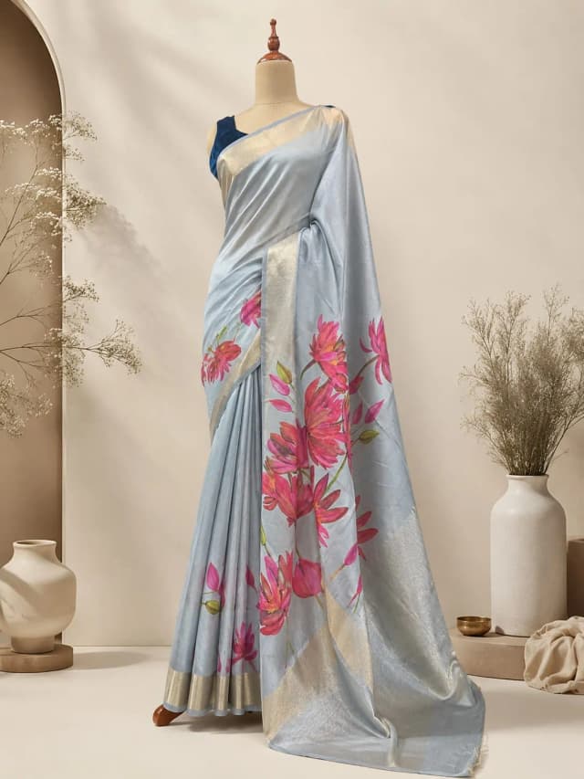 Semi Tussar Saree With Floral Print Blue Colour AA313412