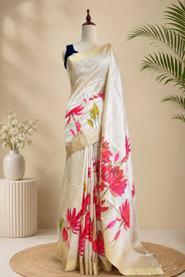 Semi Tussar Saree With Floral Print Beige Colour AA313412