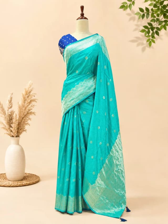 Habutai Banarasi Sea Green with Golden Zari Border & Polka Butta QS260758