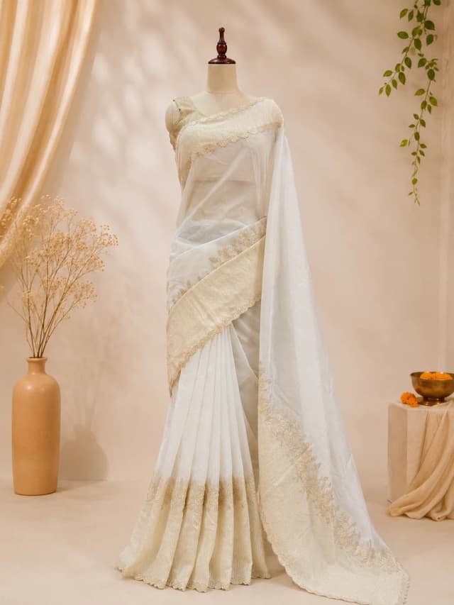 Organza Saree Off-White With Gold Zari Border AA317762