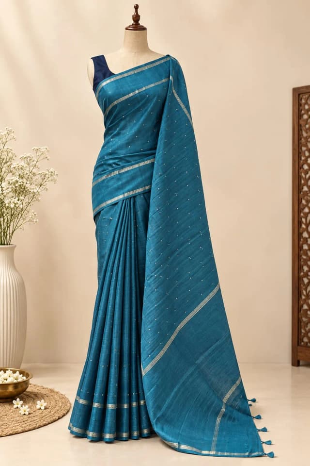 Semi Tussar Saree With Double Blouse Teal Colour AA317700