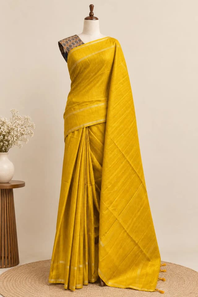 Semi Tussar Saree With Double Blouse Mustered Yellow Colour AA317700
