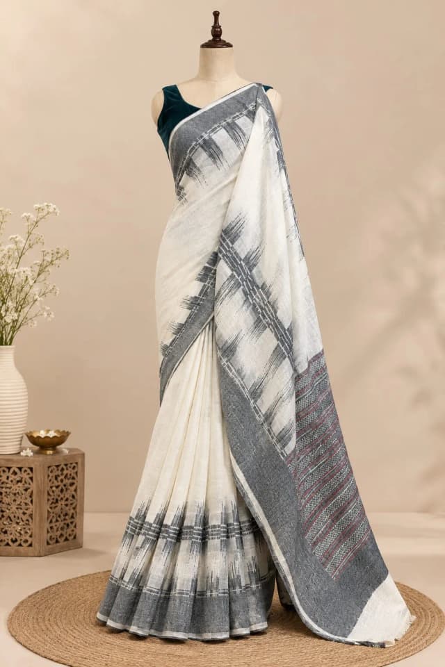 Linen Saree Off-White With Black Border  AA317777