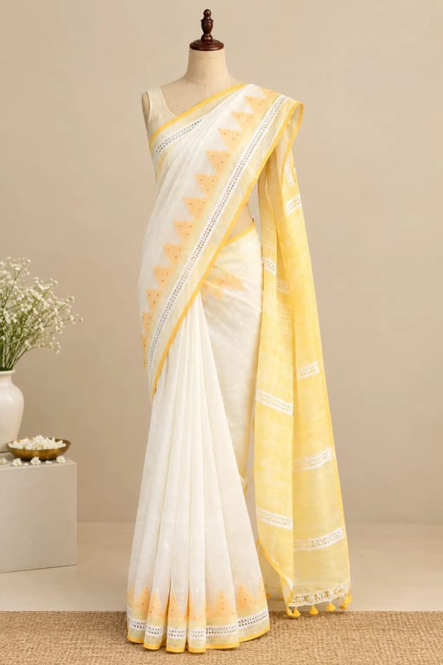 Linen Saree With White & Yellow Temple Border AA313226