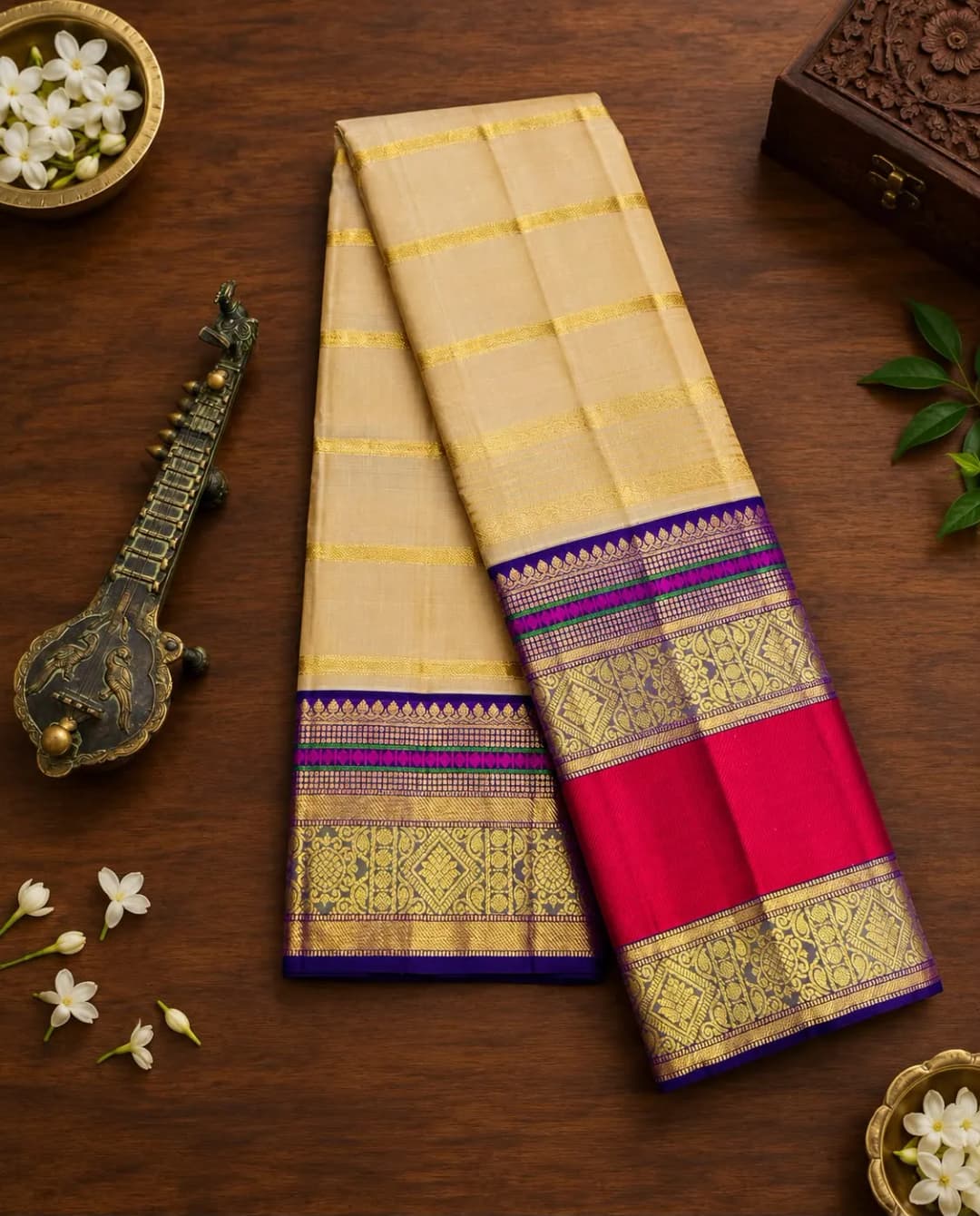 Pure Kanchipuram Saree Beige Gold Striped AA318399