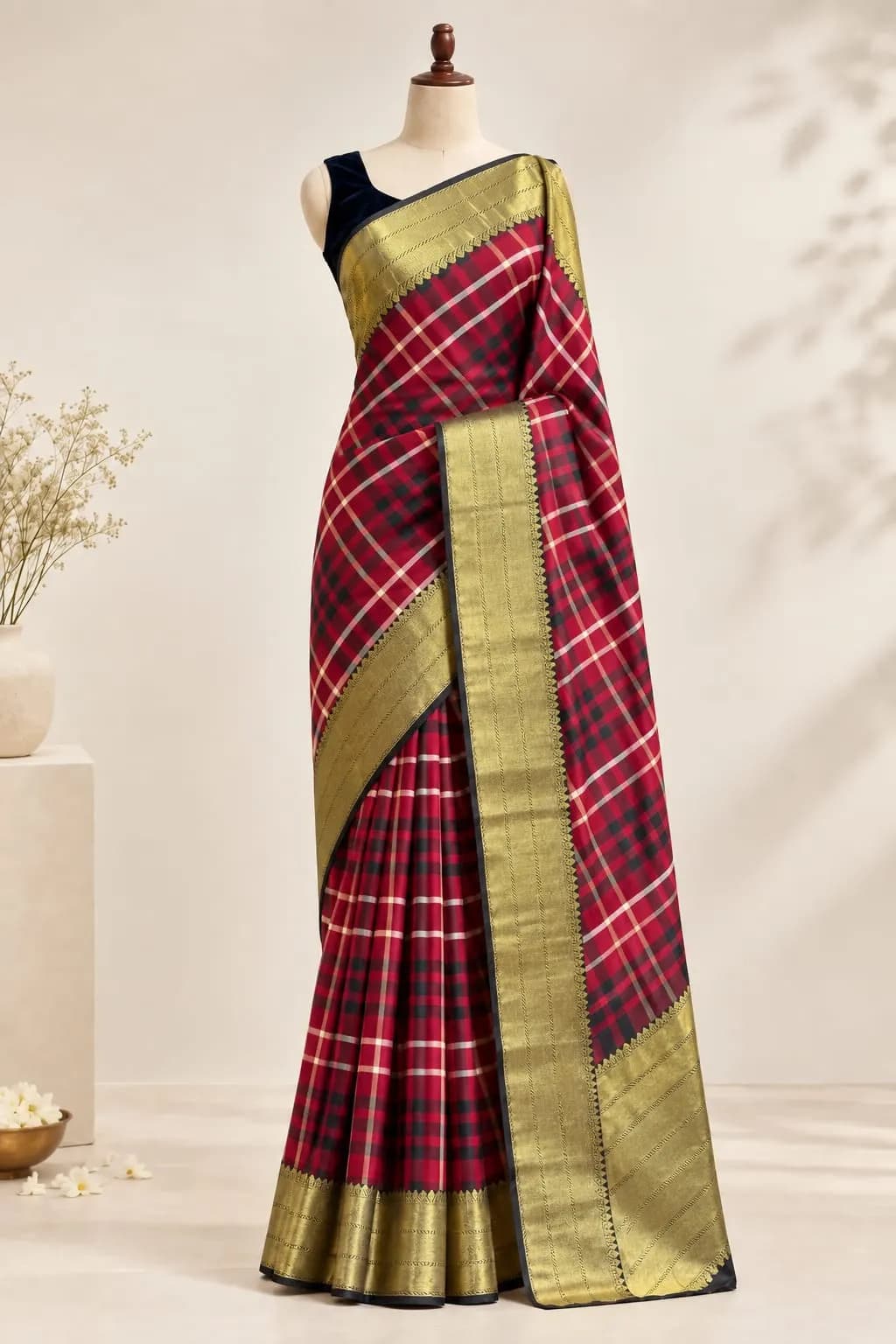 Pure Kanchipuram Burberry Checks Saree Red QS310215